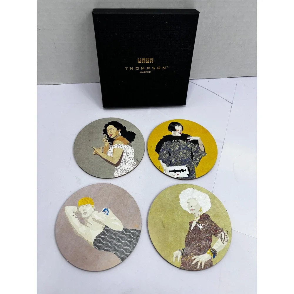 Thompson Madrid Artist Esteban Coaster Set 4pc Spanish Icons‎ Collage Art Boxed